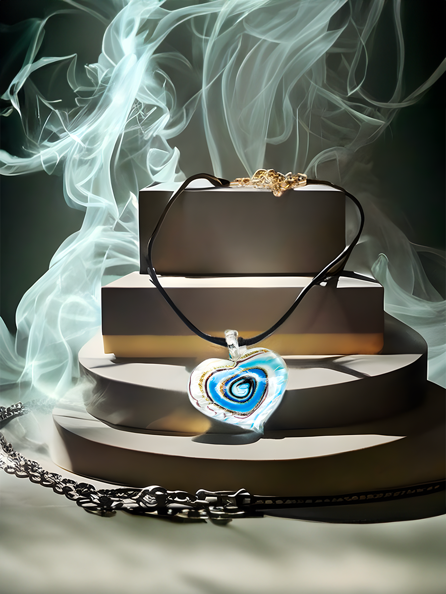 Swirls of Blue/Black/Silver & Gold Heart Necklace