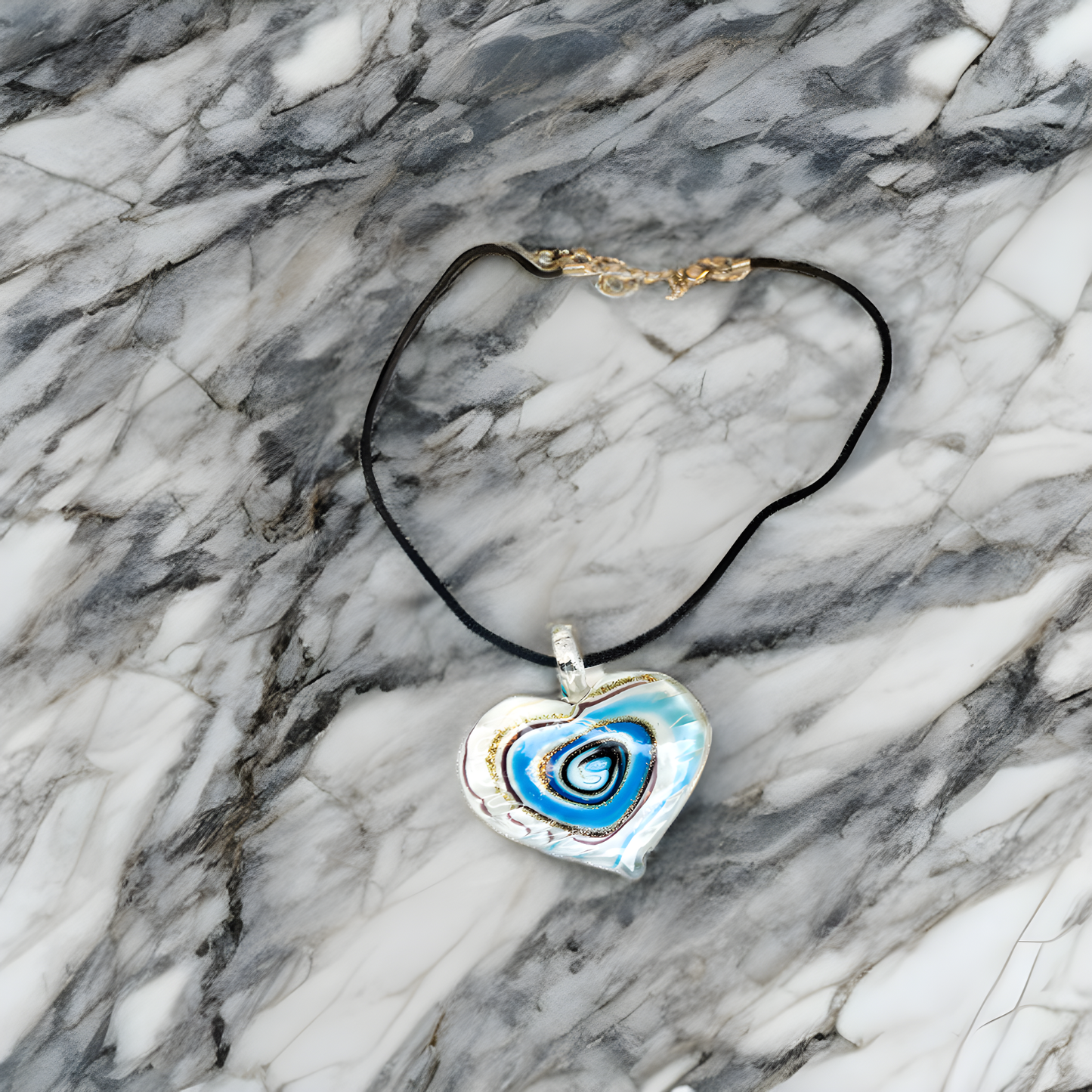 Swirls of Blue/Black/Silver & Gold Heart Necklace